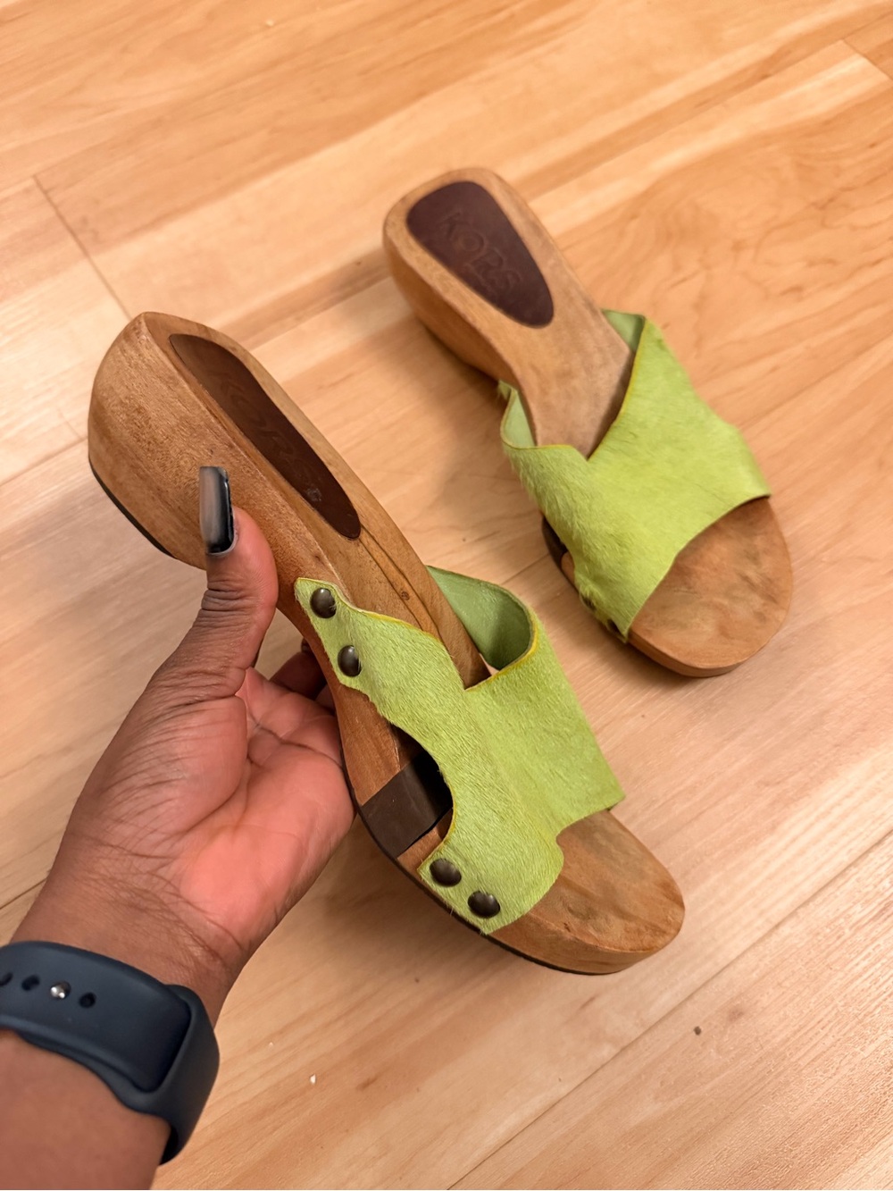 Green Leather-Calf Fur Wooden Clog Sandals - Women